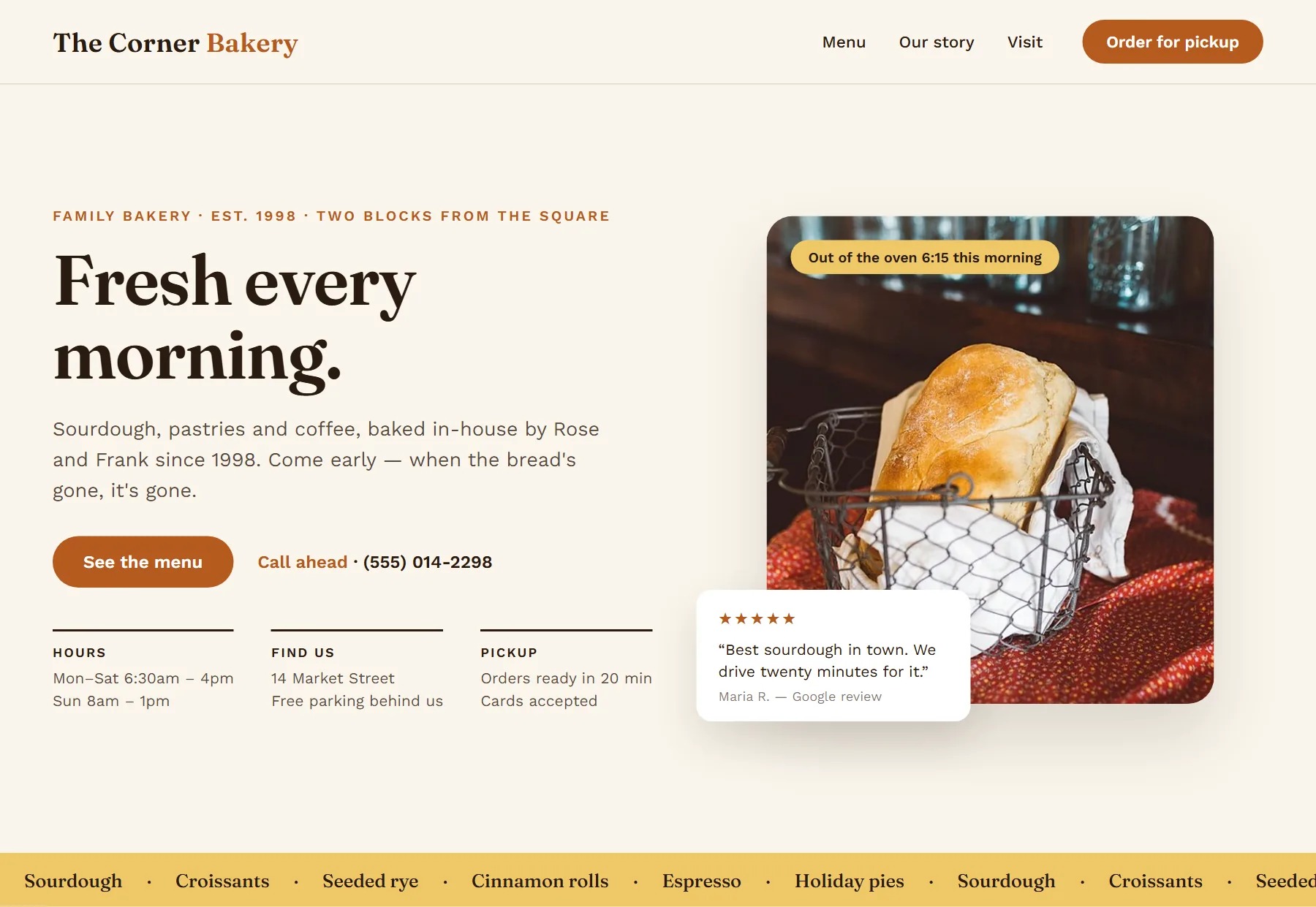 After: the rebuilt Corner Bakery site — the same bread photo cropped properly, hours and phone number front and center.
